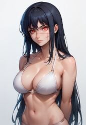 ai_generated big_breasts bikini black_hair chainsaw_man long_hair lxlbanner red_eyes scar_on_face simple_background yoru_(chainsaw_man)