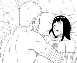 accurate_art_style alternate_hairstyle bed black_and_white blush blush boruto:_naruto_next_generations breast_grab canon_couple completely_nude grabbing_breasts hyuuga_hinata large_breasts nanxdaime naruto naruto_(series) on_bed open_mouth sweat uzumaki_naruto