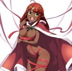 ai_generated aliciaxlife breasts cape christmas christmas_clothing christmas_outfit dark-skinned_female dark_skin elf elf_ears elf_female elf_girl female green_eyes looking_at_viewer queen red_hair ribbon ribbon_bondage ribbons solo solo_female virtual_youtuber vtuber youtuber