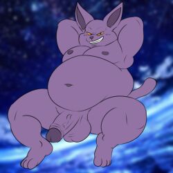 anthro balls belly big_balls big_belly boner camp14 champa domestic_cat dragon_ball dragon_ball_super erection felid feline felis floating fur genitals grin half-erect hands_behind_head hi_res looking_at_viewer male male_only mammal moobs nipples nude overweight overweight_male penis purple_body purple_fur smile solo space