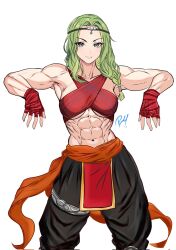 1girls abs alternate_costume arm_support armpits braid braided_ponytail breasts female female_only fingerless_gloves fire_emblem fire_emblem_heroes gloves green_hair grey_eyes hair_over_shoulder long_hair looking_at_viewer medium_breasts muscular muscular_female nintendo nott_(fire_emblem) pablo150898 solo underboob white_background