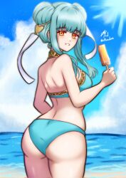 1girls alternate_costume alternate_hairstyle ass back beach big_ass bikini blue_bikini blue_hair blue_swimsuit breasts commentary double_bun english_commentary female female_only fire_emblem fire_emblem:_the_blazing_blade food hair_bun highres ice_cream long_hair looking_at_viewer looking_back ninian_(fire_emblem) nintendo popsicle red_eyes rotomdocs small_breasts smile solo swimsuit