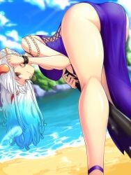 alternate_costume ass ass_focus beach bent_over big_breasts dress female female_only horns jewelry looking_at_viewer one_piece opalisart purple_dress revealing_clothes revealing_outfit seductive surprised tagme thick_thighs watch white_hair yamato_(one_piece) yellow_eyes