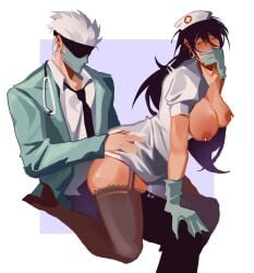 1boy 1boy1girl 1girls areola_piercing ass ass_grab bandage big_breasts big_butt black_hair blush brown_hair canon_couple closed_eyes color cowgirl_position cum cum_inside curvy curvy_figure doctor erect_nipples genitals gloves jujutsu_kaisen long_hair male/female masked_male milf mole_on_breast nurse nurse_cap nurse_uniform open_clothes penetration penetration_through_clothes piercing pussy_juice rule_63 satoru_gojo shirt_up sitting_on_person squatting stockings straight suguru_geto white_hair