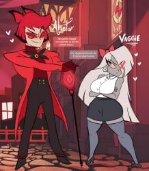 alastor_(hazbin_hotel) comic_page hazbin_hotel height_difference large_breasts santiago951 shortstack skirt spanish_text thick_thighs vaggie_(hazbin_hotel) vaggistor