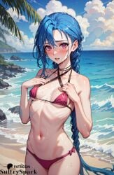 1girls ai_generated beach bikini blue_hair breasts female female_only jinx_(league_of_legends) league_of_legends patreon patreon_username pink_bikini pink_eyes small_breasts solo sultryspark tatoos tattoo visible_nipples visible_pussy water_drop wet wet_clothes