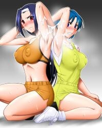 2girls arm_up armpits arms_up asahina_natsuki blue_eyes blue_hair blush breasts covered_nipples cum cum_on_armpits cum_on_body hairband hand_on_another's_shoulder hand_on_own_head hand_on_own_thigh highres large_breasts long_hair looking_at_viewer medium_breasts mokkouyou_bond mole mole_under_mouth multiple_girls navel nipples orange_shorts orange_sports_bra red_eyes serizawa_miki shiny_skin shirt short_hair short_sleeves shorts simple_background sitting sleeveless sports_bra steaming_body super_real_mahjong super_real_mahjong_p3 super_real_mahjong_p7 sweat very_long_hair white_footwear white_shirt yellow_shirt yellow_shorts