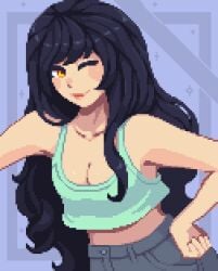 2020s 2023 amber_eyes black_hair cleavage collarbone crop_top hands_on_hips long_hair netsu_kazegawa pixel_art shorts smile waist wink winking_at_viewer yumykon yumyverse