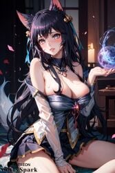 ahri ai_generated black_hair coven_ahri fox_ears foxgirl league_of_legends patreon patreon_username school_uniform schoolgirl sfw sultryspark tails