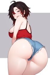 1girls 2d alternate_version_available ass bluefield booty_shorts breasts bubble_butt caked_up dat_ass female female_only hi_res huge_ass jean_shorts large_breasts light-skinned_female light_skin pale-skinned_female pale_skin red_hair round_ass ruby_rose rwby short_hair short_shorts shorts simple_background smile solo tank_top tomboy wide_hips