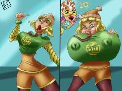 arms_(game) blowing_thumb breast_expansion breasts_bigger_than_head colored conyoudigit inflation lola_pop min_min_(arms) nipple_bulge nipples puffed_cheeks self_inflation tagme top_heavy