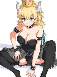 armlet bare_shoulders black_leotard black_thighhighs blonde_hair blue_eyes blue_gemstone blush bowsette bracelet breasts cleavage collar crown fang_out female full_body gem genderswap_(mtf) groin horns jewelry large_breasts leotard long_hair mario_(series) new_super_mario_bros._u_deluxe nintendo oerba_yun_fang pointy_ears ponytail rule_63 sanrokumaru showgirl_skirt simple_background sitting sleeveless smile solo spiked_armlet spiked_bracelet spiked_collar spiked_shell spikes spread_legs strapless strapless_leotard super_crown thick_eyebrows thighhighs white_background