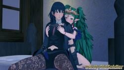 2girls 3d bed blue_eyes blush braid breast_grab breasts byleth_(fire_emblem) byleth_(fire_emblem)_(female) double_breast_grab dress embarrassed female female_only fire_emblem fire_emblem:_three_houses green_eyes green_hair groping hiding indoors jollyoldsoldier knife leggings long_hair looking_at_viewer looking_back medium_breasts medium_hair multiple_girls nervous night nintendo on_bed pantyhose pointy_ears shorts sothis_(fire_emblem) spread_legs teal_hair twin_braids twintails very_long_hair window yuri