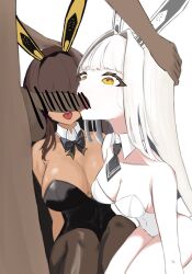 1boy 2girls blanc_(nikke) blowjob brown_hair bunny_ears bunnysuit cleavage dark-skinned_female dark_skin goddess_of_victory:_nikke hand_on_head light-skinned_female light_skin noir_(nikke) open_mouth oral penis sisters tongue white_background white_hair yellow_eyes