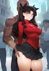 1girls ai_generated ass_grab blue_eyes breasts brown_hair dark-skinned_male fate/stay_night fate_(series) groping kaikoi miniskirt public public_indecency skirt_lift thick_thighs tohsaka_rin twintails