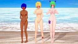 3girls barefoot beach blonde_hair blue_(blue_ink22) blue_hair blue_ink22 brandish_mew breasts completely_nude completely_nude_female covering_breasts covering_crotch covering_pussy dimaria_yesta fairy_tail female female_only green_hair hand_on_breast hands_on_breasts multiple_girls navel nipples nude nude_female ocean pussy retropunch short_hair tattoo_on_leg tattoo_on_thigh wardrobe_malfunction