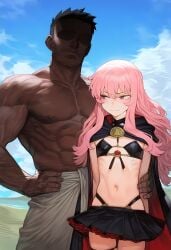 1boy 1girls abs ai_generated biceps bikini_armor bikini_top cape dark-skinned_male dark_skin imminent_sex kaikoi louise_francoise_le_blanc_de_la_valliere muscles muscular muscular_male pink_eyes pink_hair shaded_face size_difference skirt the_familiar_of_zero zero_no_tsukaima