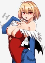 arcueid_brunestud blonde_hair capcom cleavage cosplay darkstalkers female large_breasts lilith_aensland lilith_aensland_(cosplay) red_eyes short_hair skin_tight tagme tsukihime wings