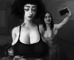 big_breasts black_and_white black_hair breasts clothed clothed_female female female_focus female_only giantess huge_breasts isabel_(kazarinka) kazarinka_(artist) mini_giantess multiple_females multiple_girls neutral_expression pale-skinned_female pale_skin smile smiling