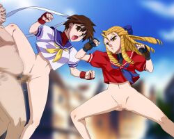 1boy 2girls akagi_(artist) blonde_female blonde_hair blonde_hair_female bottomless bottomless_female brown_eyes brown_hair censored censored_genitalia censored_penis censored_pussy clothed clothed_female drill_hair fat_man female fighting gloves headband karin_kanzuki male multiple_girls naked naked_male nude nude_male penis sakura_kasugano school_girl school_uniform schoolgirl schoolgirl_uniform sex street_fighter time_stop ugly_bastard ugly_man undressed upskirt vaginal vaginal_insertion vaginal_penetration vaginal_sex white_headband