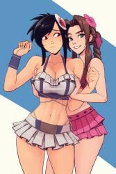 2girls aerith_gainsborough alternate_costume breast_squeeze breasts female female_only final_fantasy final_fantasy_vii light-skinned_female light_skin presenting_breasts raichiyo33 square_enix swimsuit tagme tifa_lockhart