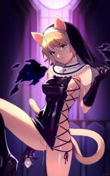 1girls animal_ears blonde_hair breasts bunny_and_fox_world butt_plug buttplug cat_ears cat_tail cross-laced_clothes elbow_gloves female female_only frills gloves green_eyes grool habit highres looking_at_viewer mini_wings nun optionaltypo original pussy pussy_juice sapphicneko_(sapphicneko) sex_toy sideboob skindentation smile solo solo_female tail wings