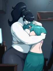 ass ass_focus bbw big_nose black_hair blue_background bowl_cut bra christian_cross crying dark_room earrings elise_(htp) female female_focus female_only fimif freckles goth goth_girl grimaline_smith half-closed_eyes headpat hug huge_ass huge_breasts huge_butt huge_thighs hugging lesbian_couple long_hair nose_piercing nose_ring overweight overweight_female pink_bra ponytail sad shelf size_difference skirt squeezing squish squishing squishing_belly study sweet teal_hair tears tender thin thin_female thin_waist topless topless_female white_skin yuri