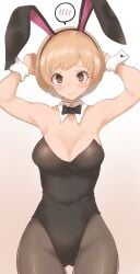 alternate_costume arms_up atlus blush blushing_at_viewer breasts brown_eyes brown_hair bunny_ears bunnysuit cleavage detached_collar female highres kurosususu light_brown_hair looking_at_viewer medium_breasts pantyhose persona persona_4 playboy_bunny satonaka_chie short_hair smile solo solo_female wrist_cuffs