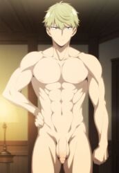 ai_generated anime_style balls ballsack bara big_penis black_hair erect_penis erection gay gilxxgamesh hands-free hands_up loid_forger long_penis male male_focus male_only muscles muscular muscular_male nipples nude nude_male nudity penis solo solo_focus spy_x_family squatting vein veiny_penis