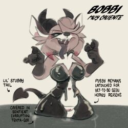 absurd_res anthro baphypaws black_eyes black_goo bobbi_(baphypaws) dialogue domestic_cat felid feline felis female furry genitals goo_(disambiguation) hi_res horn hypnosis mammal mind_control nipples possession pussy sharp_teeth tail teeth text tongue tongue_out