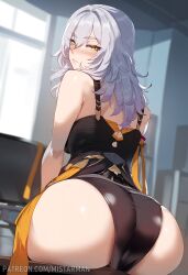 1girls ai_generated ass ass_focus big_ass blush blush_lines blushing_at_viewer breasts clothing female female_only hi_res high_resolution highres honkai:_star_rail honkai_(series) hoyoverse long_hair looking_at_viewer medium_breasts mistarman patreon_url silver_hair sitting stelle_(honkai:_star_rail) yellow_eyes