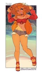 1girls beach belly_button boonsky choker cute_fangs fangs hat jean_shorts long_hair long_sleeves midriff one_eye_closed orange_hair painted_nails painted_toenails smile smiling solo solo_female solo_focus sun_hat tagme tanline thai_(boonsky) thick_thighs thighs