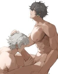 2boys big_penis blowjob caelus_(honkai:_star_rail) dan_heng fellatio gay gay_blowjob grabbing_hair grabbing_penis hair_grab honkai:_star_rail ink'x male male/male male_only males_only muscular muscular_male naked naked_male nipples penis yaoi