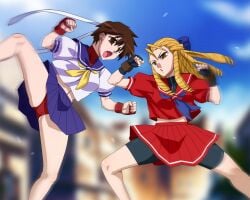 2girls akagi_(artist) blonde_female blonde_hair blonde_hair_female brown_eyes brown_hair clothed clothed_female drill_hair fighting gloves headband karin_kanzuki multiple_females multiple_girls panties red_panties sakura_kasugano school_girl school_uniform schoolgirl schoolgirl_uniform skirt street_fighter upskirt white_headband