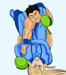 1boy biceps black_hair blonde_hair blue_eyes bodysuit boxing breasts defeated legs legs_wrapped_around_head legs_wrapped_around_partner little_mac male metroid milf muscular muscular_male muscular_thighs nintendo older_female punch_out samus_aran scissoring skin_tight smirk teenager thighs thighs_grab wrestling younger_male zero_suit zero_suit_samus