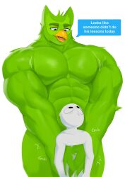 anon duo_(duolingo) duolingo grabbing grabbing_from_behind green_fur male_focus male_only muscular muscular_anthro muscular_arms muscular_male pecs questionable_consent six_pack size_difference text text_bubble thisishomo