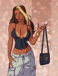 1girls artist_signature blanclauz bracelet brown_hair cargo_pants cleavage dark-skinned_female dark_skin earrings green_eyes jewelry large_breasts long_hair midriff milf necklace nina_(blanclauz) purple_nails purse ring solo tanline two_tone_hair