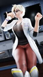 1girls 3d activision angela_ziegler ass big_ass big_butt blizzard_entertainment blonde_hair breasts bust chest cleavage closed_eyes coffee curvaceous curvy curvy_figure digital_media_(artwork) drinking european european_female female female_focus glasses hair hips hourglass_figure human indoors labcoat large_ass legs light-skinned_female light_skin lips mature mature_female mercy nail_polish nipple_piercing nipples_visible_through_clothing overwatch overwatch_2 short_hair slim_waist swiss swiss_female thick thick_hips thick_legs thick_thighs thighs tight_clothing tight_pants voluptuous waist wide_hips yupal