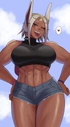 1girls abs alternate_hairstyle booty_shorts breasts bunny_ears clothed dark-skinned_female female gud0c hand_on_hip jean_shorts large_breasts midriff miruko my_hero_academia naughty_face outside rabbit_ears red_eyes rumi_usagiyama short_hair short_shorts shorts smile sweatdrop sweaty tank_top thick_thighs thighs tongue white_hair