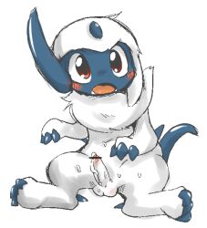 absol balls bar_censor black_body blush bodily_fluids censor_bar censored censored_genitalia censored_penis claws cum cum_on_penis doneru ejaculating_cum ejaculation erection feral fur generation_3_pokemon genital_fluids genitals ineffective_censorship leaking_cum looking_at_viewer male male_focus male_only nintendo penis pokemon pokemon_(species) shaded simple_background sitting solo solo_male spread_legs spreading tail white_background white_body white_fur