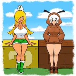 2girls bangs dodo-bot goomba goomba_girl jacket koopa koopa_girl mario_(series) multiple_girls outdoors super_mario_bros. tanned_skin white_hair yellow_hair