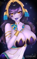 big_breasts breasts breasts_bigger_than_head egyptian eyeshadow fangs indie_virtual_youtuber lamia long_hair looking_at_viewer monster_girl purple_nails purple_skin queen royalty smug_smile stomach translucent_clothing tummy twitch twitch.tv vexoria_the_sun_eater virtual_youtuber vtuber yellow_eyes