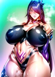 1girls absurd_res acheron_(honkai:_star_rail) ai_generated choker hair_ornament hair_over_one_eye honkai:_star_rail huge_breasts milfification purple_eyes purple_hair qqitu stable_diffusion tattoos thick_thighs voluptuous