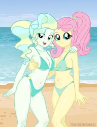 2girls beach bikini breasts camel_toe equestria_girls female female_only fluttershy_(eg) fluttershy_(mlp) friendship_is_magic hasbro human_only jennieoo my_little_pony nipple_bulge nipples vapor_trail_(mlp)