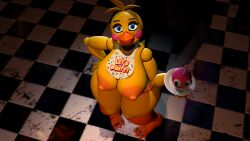 3d 3d_(artwork) ass_window big_breasts bottomwear casual casual_nudity chickenchicalover cupcake_(fnaf) female female_only five_nights_at_freddy's huge_ass huge_breasts public public_nudity robot robot_girl sideass solo teasing topless toy_chica_(fnaf)