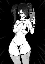 ame-chan bowtie bowtie_collar brassica cellphone collar detached_collar fishnet_legwear greyscale huge_breasts micro_bikini monochrome needy_girl_overdose needy_streamer_overload slender_waist taking_selfie tongue_out