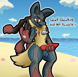 absurd_res animal_genitalia animal_penis anthro balls beach beckoning blue_body blue_fur blue_sky canine_genitalia canine_penis cloud command dialogue dominant english_text erection fur generation_4_pokemon genitals gesture grey_body grey_fur grin half-closed_eyes hi_res holding_penis horizon inviting knot looking_at_viewer lucario male male_only mega_evolution mega_lucario multicolored_body multicolored_fur narrowed_eyes nintendo nude orange_eyes outside penis pokemon pokemon_(species) scar sea seaside shoreline sky smile smug smug_face sneavile solo speech_bubble spikes spikes_(anatomy) talking_to_viewer teasing text two_tone_body two_tone_fur water