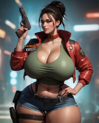 1girls afro-native ai_generated armed big_breasts boobs_bigger_than_head breasts_bigger_than_head cyberpunk_2077 dark-skinned_female dark_skin female female_focus female_only female_solo hair_bun hand_on_hip holding_gun holding_weapon huge_breasts jean_shorts kw0337 long_hair looking_at_viewer only_female panam_palmer red_jacket solo_female solo_focus tan-skinned_female tan_skin thick_thighs weapon wide_hips