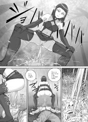 1boy 1girls anus armwear ass bald bald_man bent_forward black_and_white bra breasts censored censored_pussy cleavage clothing comic defeated demon dialogue dodomesu3sei domination english_text female femdom garter_belt garter_straps goblin lingerie male mosaic_censoring panties panties_down peeing peeing peeing_in_mouth piss_drinking pissing_in_mouth pissing_on_another pointy_ears pussy short_hair small_breasts speech_bubble standing standing_over stockings straight swallow swallowing text thighhighs urine urine urine urine_in_mouth