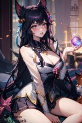 ahri ai_generated black_hair coven_ahri fox_ears foxgirl league_of_legends patreon patreon_username school_uniform schoolgirl sfw sultryspark tails